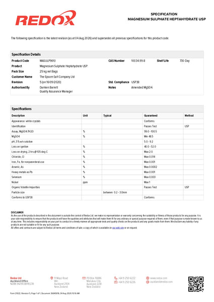 Epsom Salt - Magnesium Sulphate Heptahydrate USP