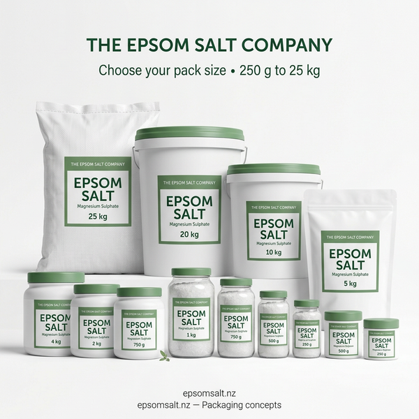 Combined Epsom salt packaging concepts showing tubs, glass jars, a 5 kg pouch and a 25 kg bulk sack.